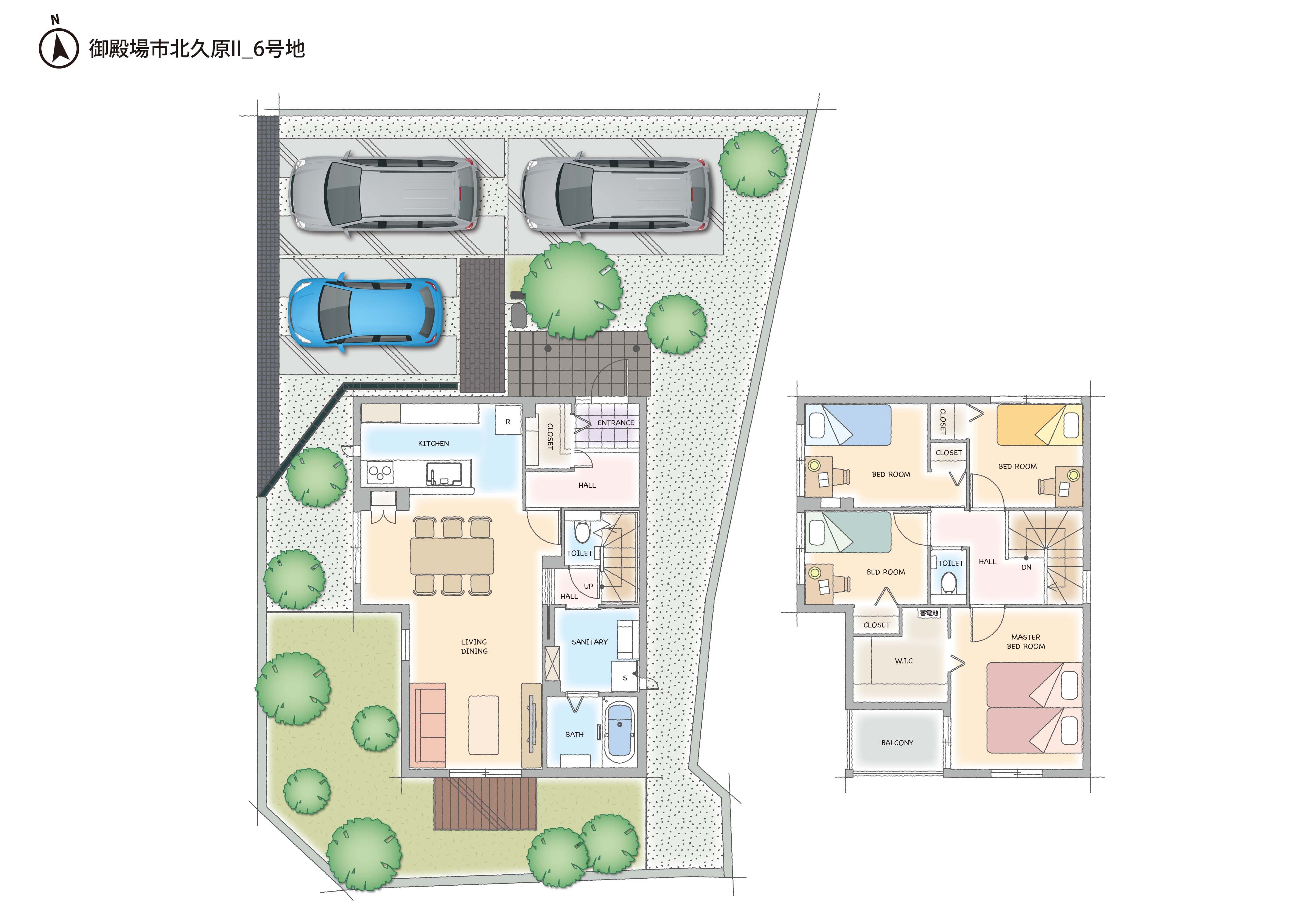 分譲地入口の公道に面したランドマークにふさわしいスタイリッシュなプランです。ハーフオープンタイプのキッチンからはダイニングとリビングが一望できます。リビング南の開口部にはウッドデッキを設け、そのソトは人工芝を敷いたプライベートガーデンへとつながります。室内と外からの視線を配慮して配置した植栽も美しい景観となっています。アクセントに石目やセラミックを使用した クールで都会的なインテリアも上質感が漂います。落ち着きのある大人な空間です。