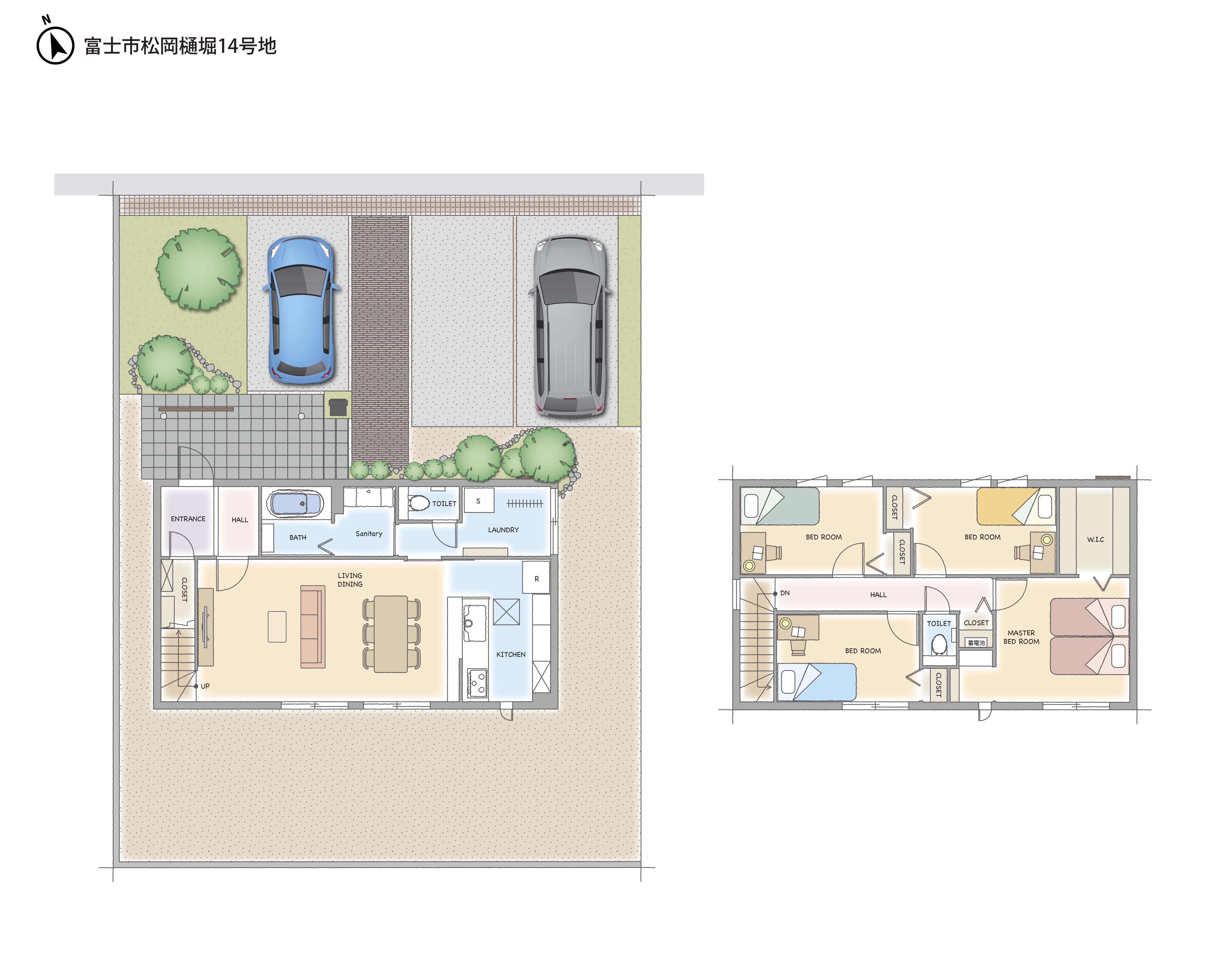 2階4室４LDK。浴室洗面とランドリールームをセパレートさせたので、洗濯と物干しアイロンがけの作業がワンコーナーで行えます。セミクローズ型キッチンに対面して6人掛けのダイニングテーブルが置ける広々としたリビング・ダイニングは開放感たっぷり。南面からは光と風を取り込めます。