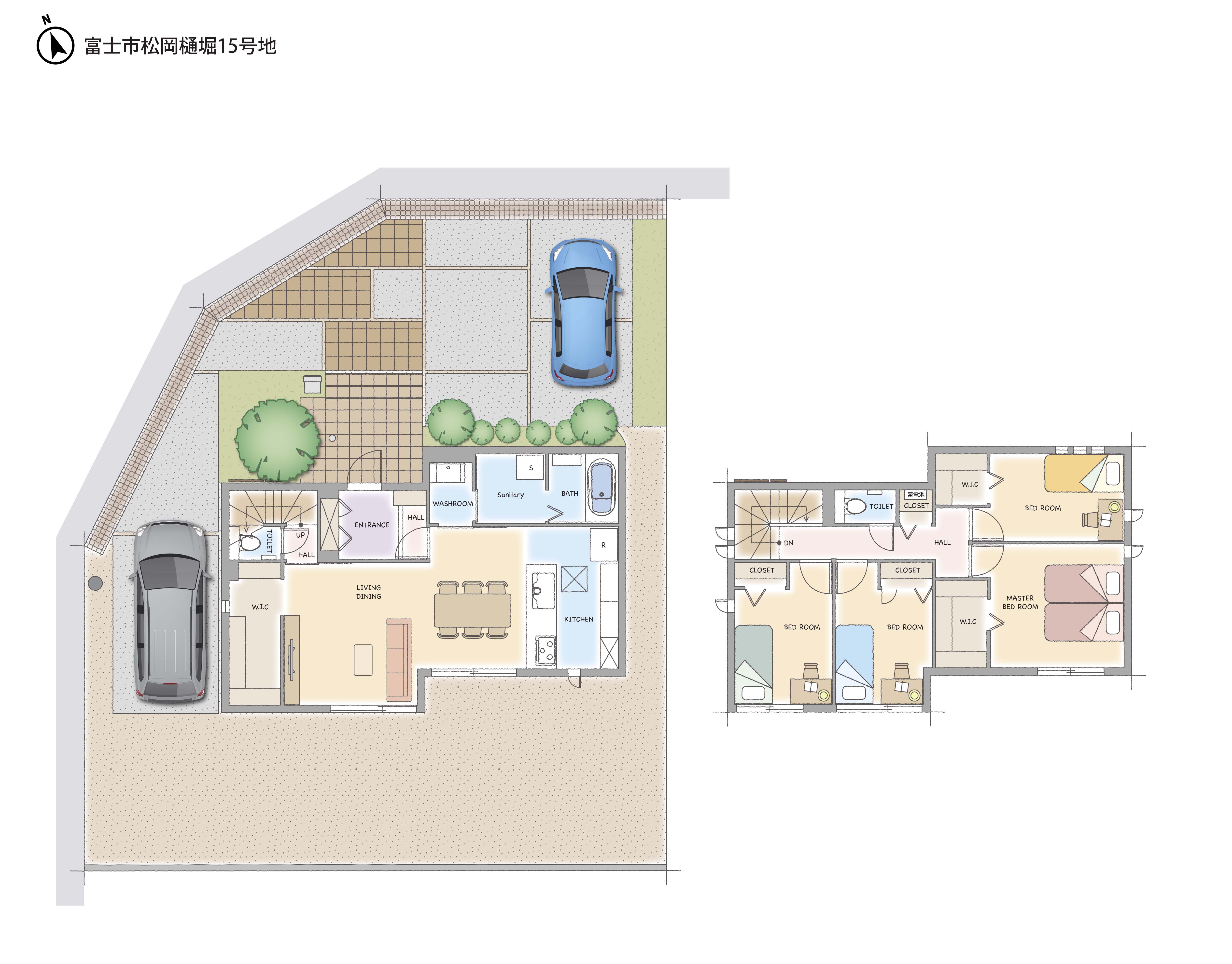 西北角地、外壁には縦格子を設置し精悍なたたずまいとなりました。2階4室の４LDK、大家族が楽しく暮らせる住まいです。リビングのモニターラック背面には大容量のファミリークローゼットを設けました。洗面室を独立させたことでランドリールームにゆとりが生まれ、ここでアイロンがけもできそうです。