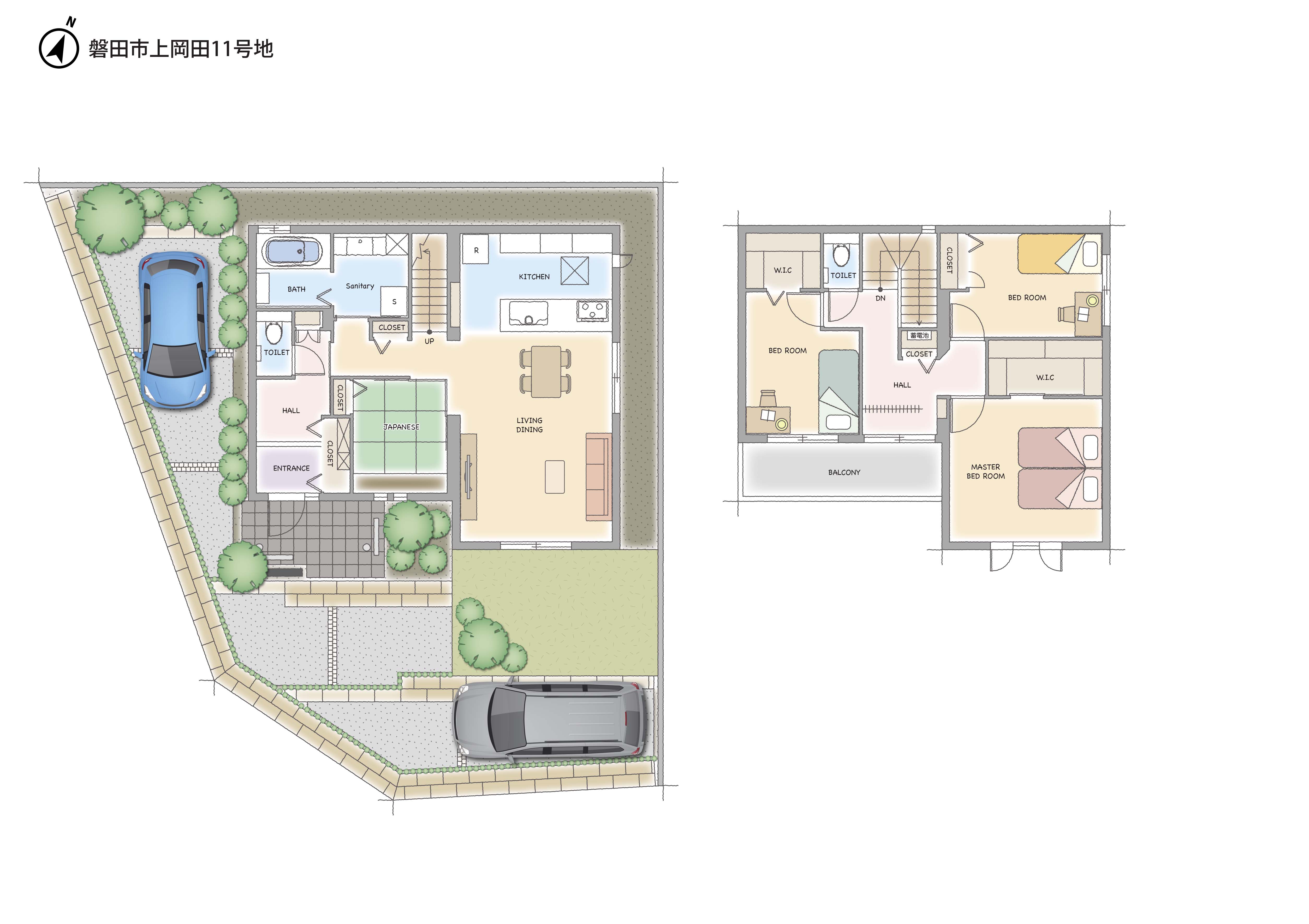 西南角地の植栽豊かなプランです。LDKはキッチンから開放的に広がる空間が魅力的です。独立して設けたタタミコーナーは座敷としても使えます。こうした空間があるだけで生活に和のテイストが生まれます。