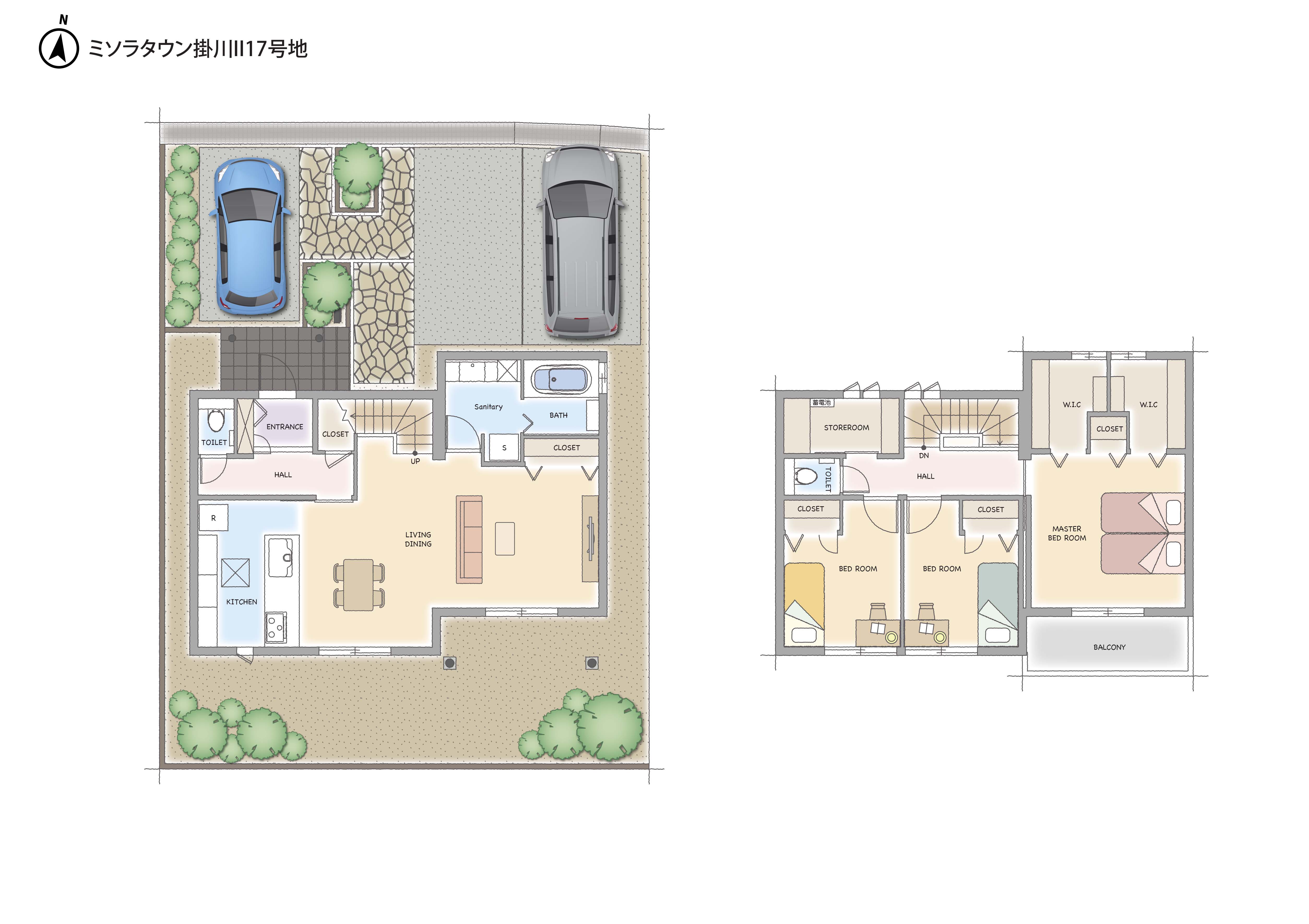 ブラック外壁とブラウンサッシが織りなす重厚感のある外観と、ダークトーンの落ち着いたインテリアが特徴です。広々としたLDKにはスタディコーナーがあり、家族が一緒に過ごす時間を大切にできます。2階には充実した収納スペースがあり、家族全員の荷物をすっきりと整理できます。