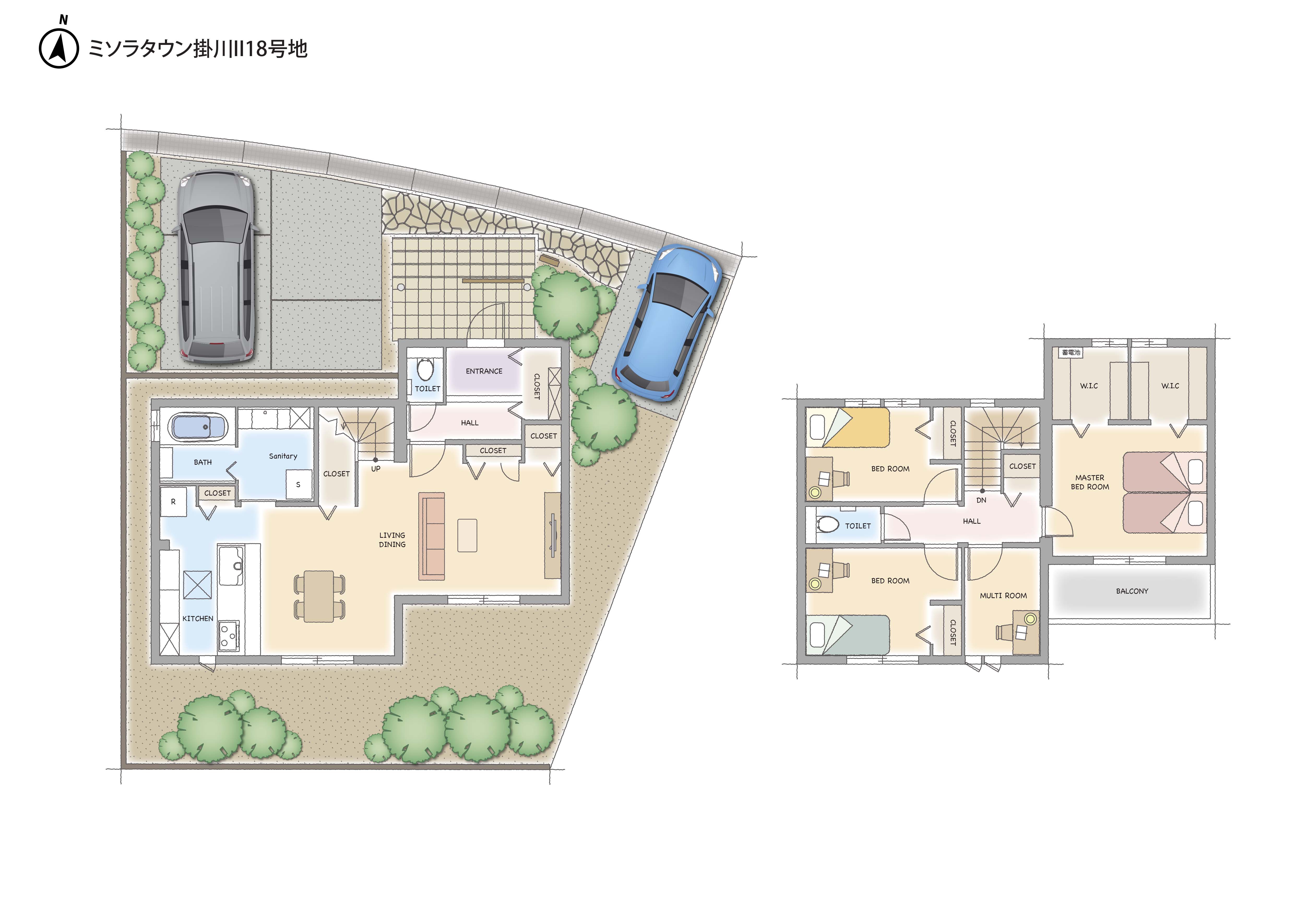 清涼感のある外観と、ナチュラルカラーのインテリアが特徴です。広々としたLDKには適材適所に収納があり、すっきりとした空間を保てます。玄関脇のシューズインクロークや、2階の書斎にもユーティリティにもなるマルチルームなど、機能性も充実。暮らしを楽しみたい方にぴったりの住まいです。