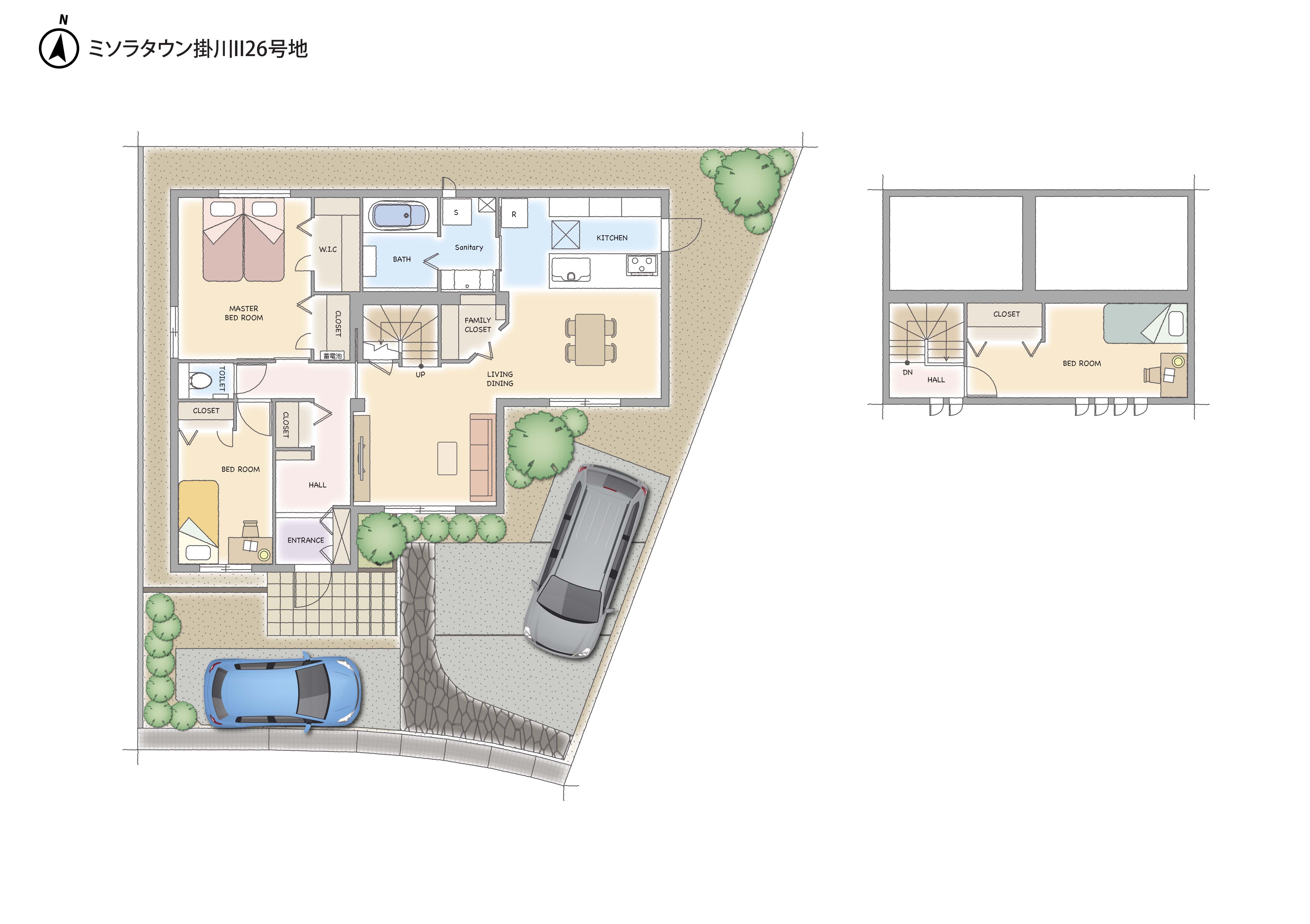 ホワイト外壁とブラウンサッシが落ち着きのある平屋建ての住宅です。必要最小限の色使いでまとめられたモノトーンなインテリアは、シンプルで上質な空間を創出。LDKにはファミリークロークが備えられ、収納も充実。さらに、1.5階の小屋裏空間は子供部屋や趣味部屋として多目的に活用できます。シンプルな美しさと機能性を求める方にぴったりの住まいです。
