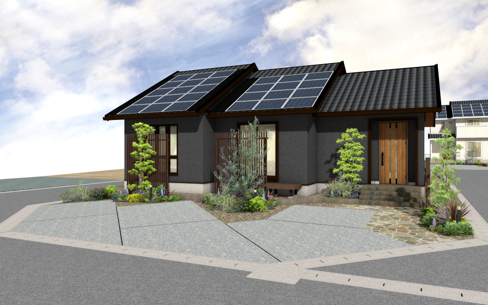 「重厚感と開放感が調和する、洗練された平屋の住まい」CGパースは設計図をもとに作成したイメージです。