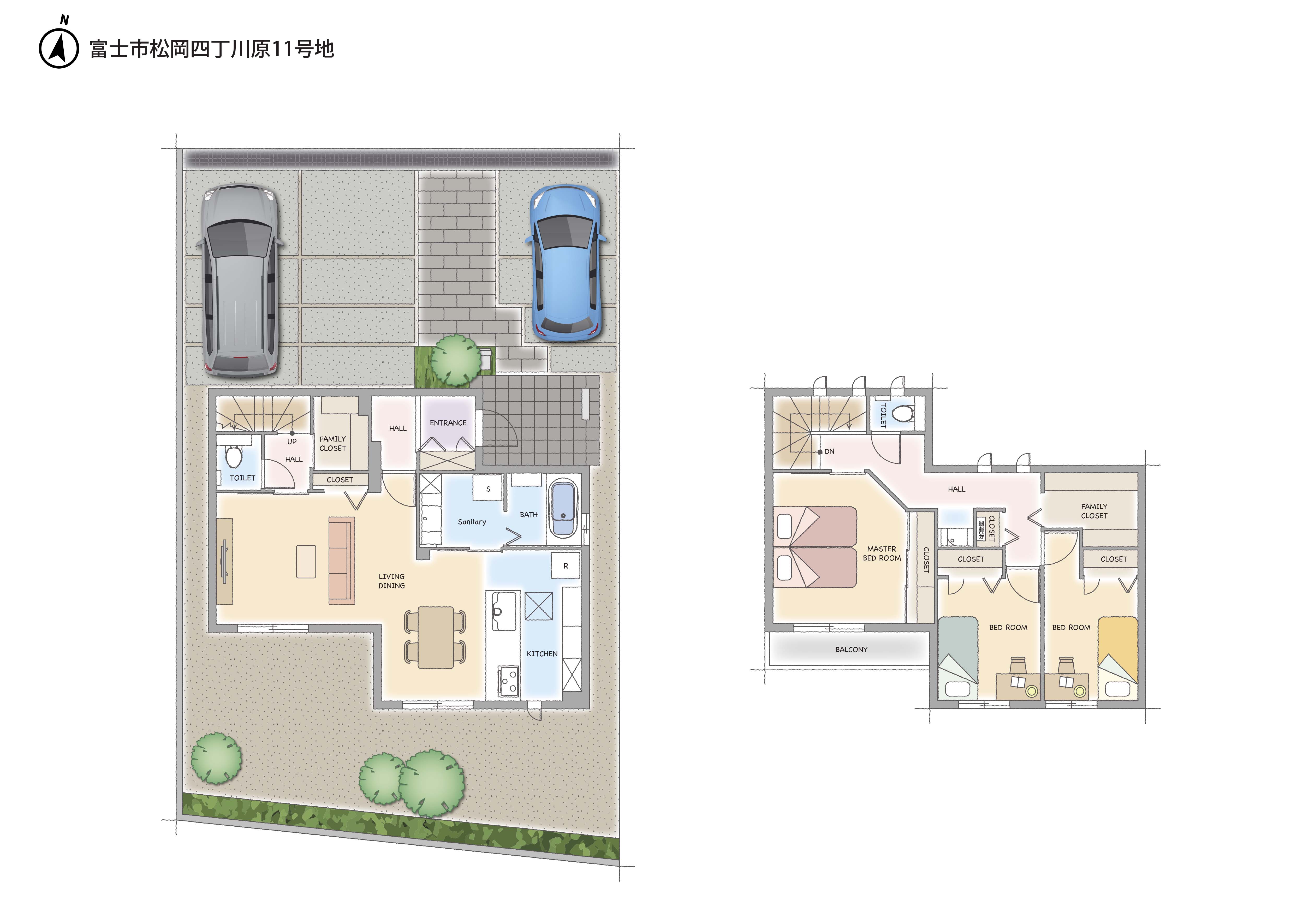 リビング・ダイニングをクランク状につないだプランです。食べるとくつろぐ空間を緩やかに分離しているので、リビングがよりくつろげる空間となりました。キッチンと水回りの動線も近いので、お洗濯しながらお料理するラク家事もスムーズです。