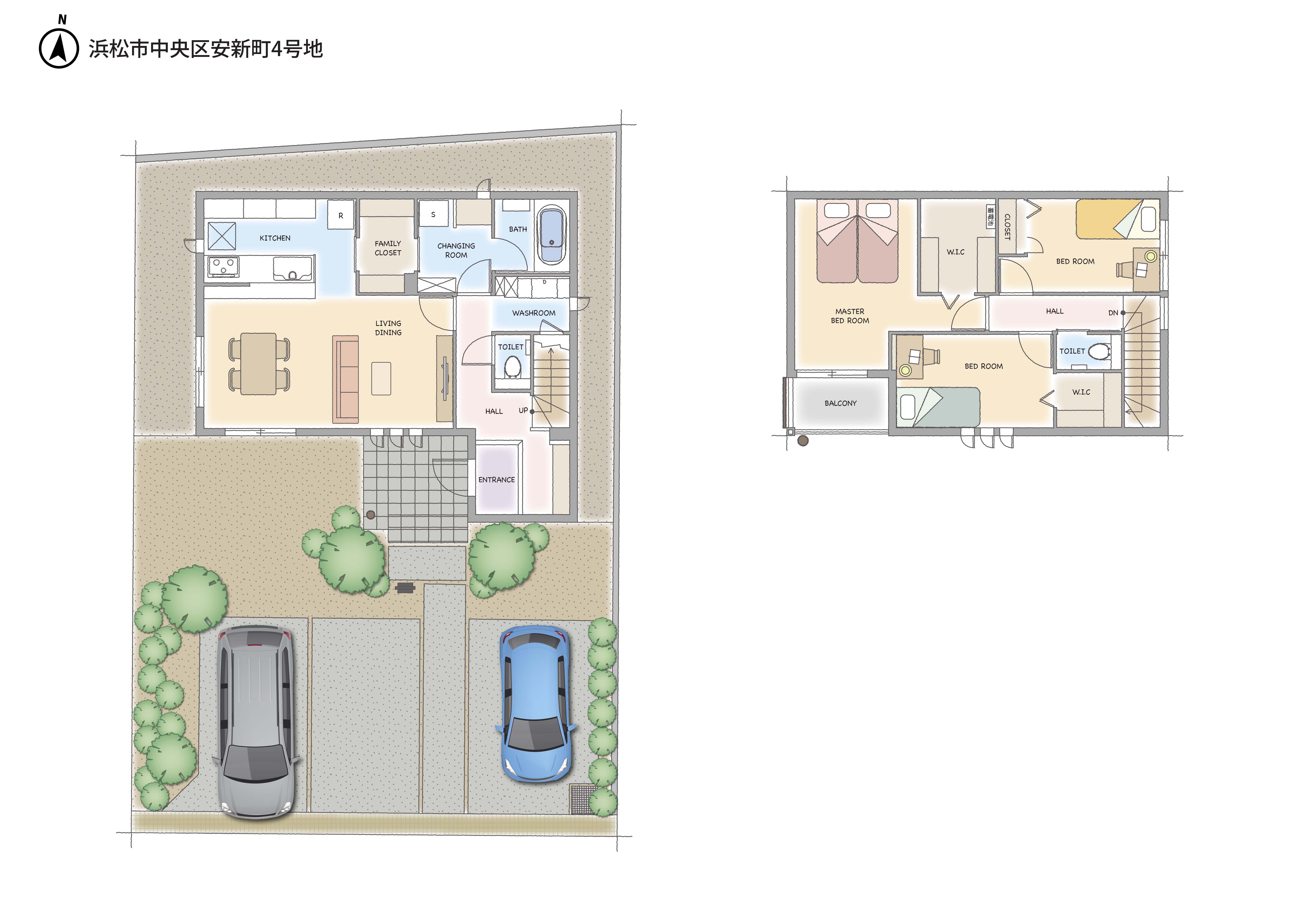 玄関の印象的なカウンターが来客との会話を生み、奥へ進むと“秘密基地”のような空間が広がります。浴室からキッチンまで一直線の動線が家事を効率化し、リビングから自然につながるダイニングとキッチンは家族の時間を心地よく共有します。