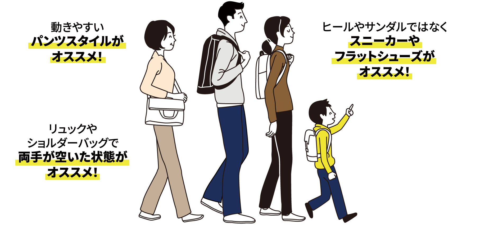 リュックやショルダーバッグで両手が空いた状態で、動きやすいパンツスタイル、スニーカーやフラットシューズがオススメ！