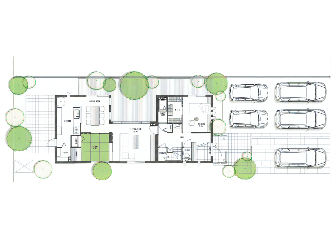 中庭のある景色を楽しむ３階建ての家-１階プラン