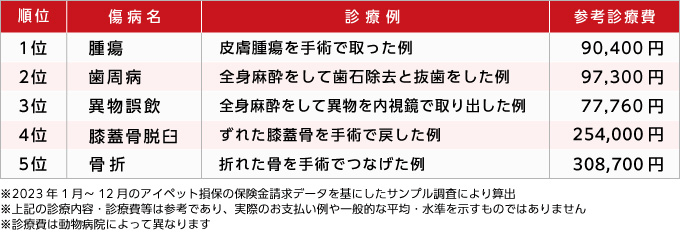 保険金請求が多い傷病のランキング（手術）