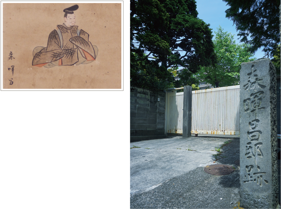 森暉昌【1685～1752】森家は代々神官をつとめた旧家。この地に邸を構えた暉昌は、京都の荷田春満（かだのあずままろ）に師事して国学を学び、国学者として、また歌人として大成した。